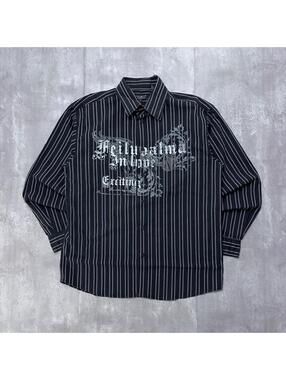 Y2K Black Pronti Grunge Gothic Pinstripe Long Sleeve Button Up Shirt